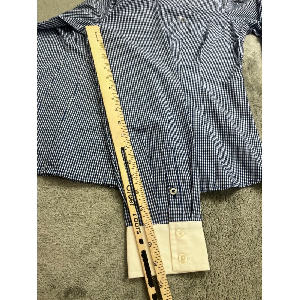 Van Heusen Shirt Men Large Blue Gingham Check Fitted Long Sleeve Button Down Top - Picture 8 of 11